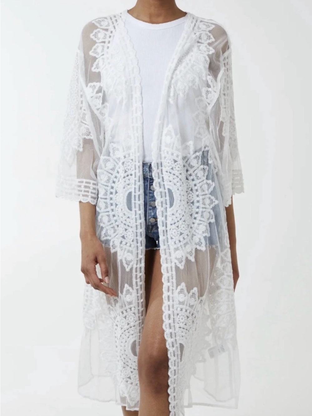 Rachel Zoe White Lace Long Kimono Jacket